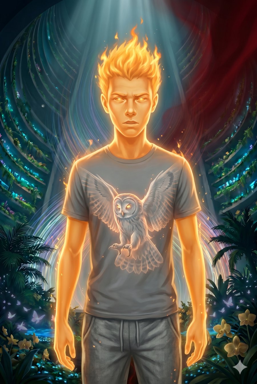 The Orange Jenta — an orange light-being with flame-bright hair