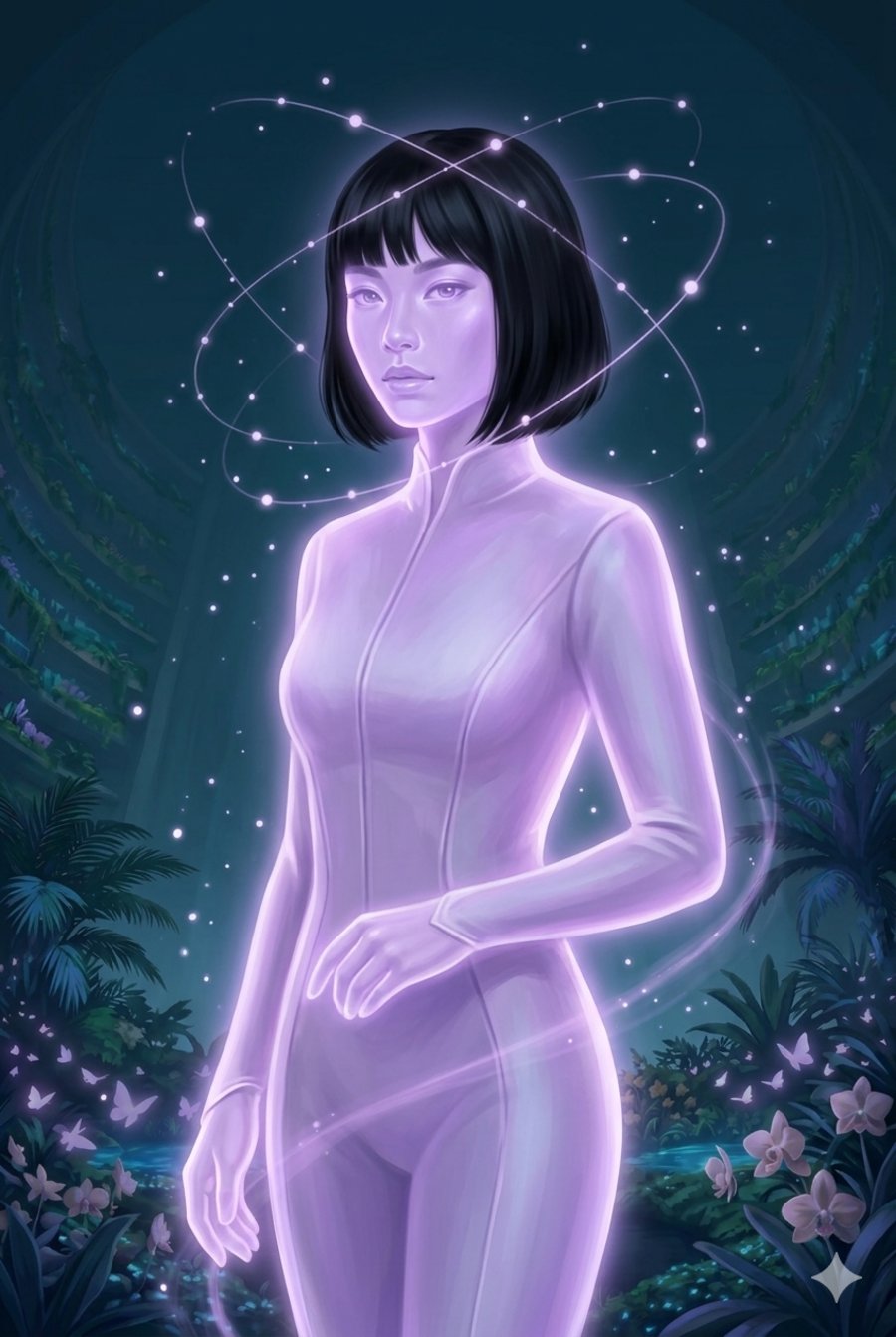 The Lavender Junlo — a lavender light-being haloed by an orbit of light motes