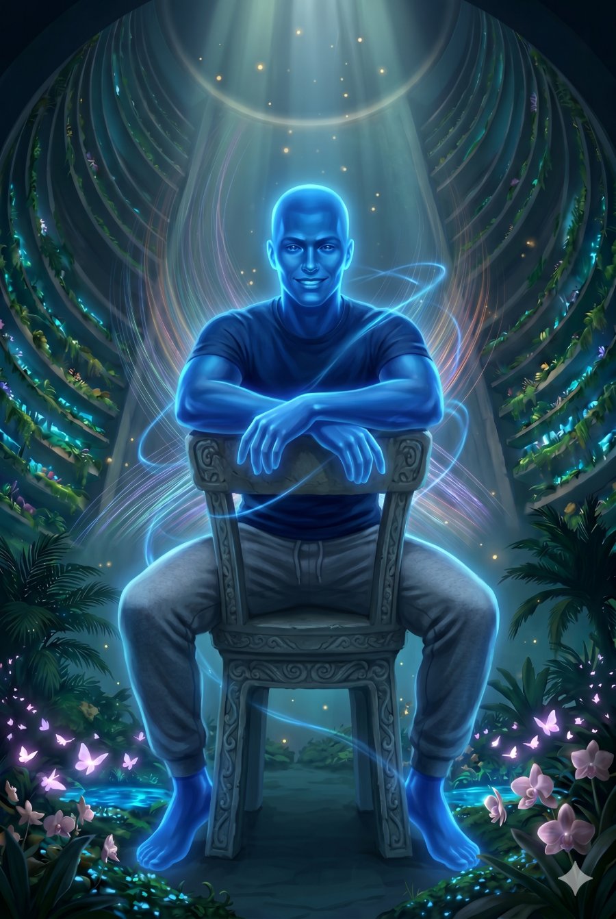 The Dark Blue Luka — a deep-blue light-being on a carved chair