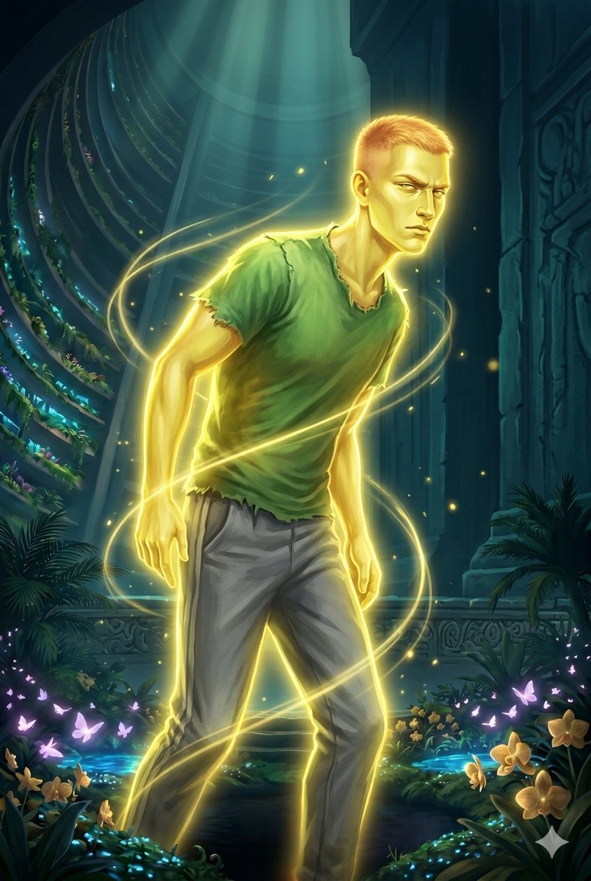 The Yellow Obrint — a yellow light-being in a torn green shirt