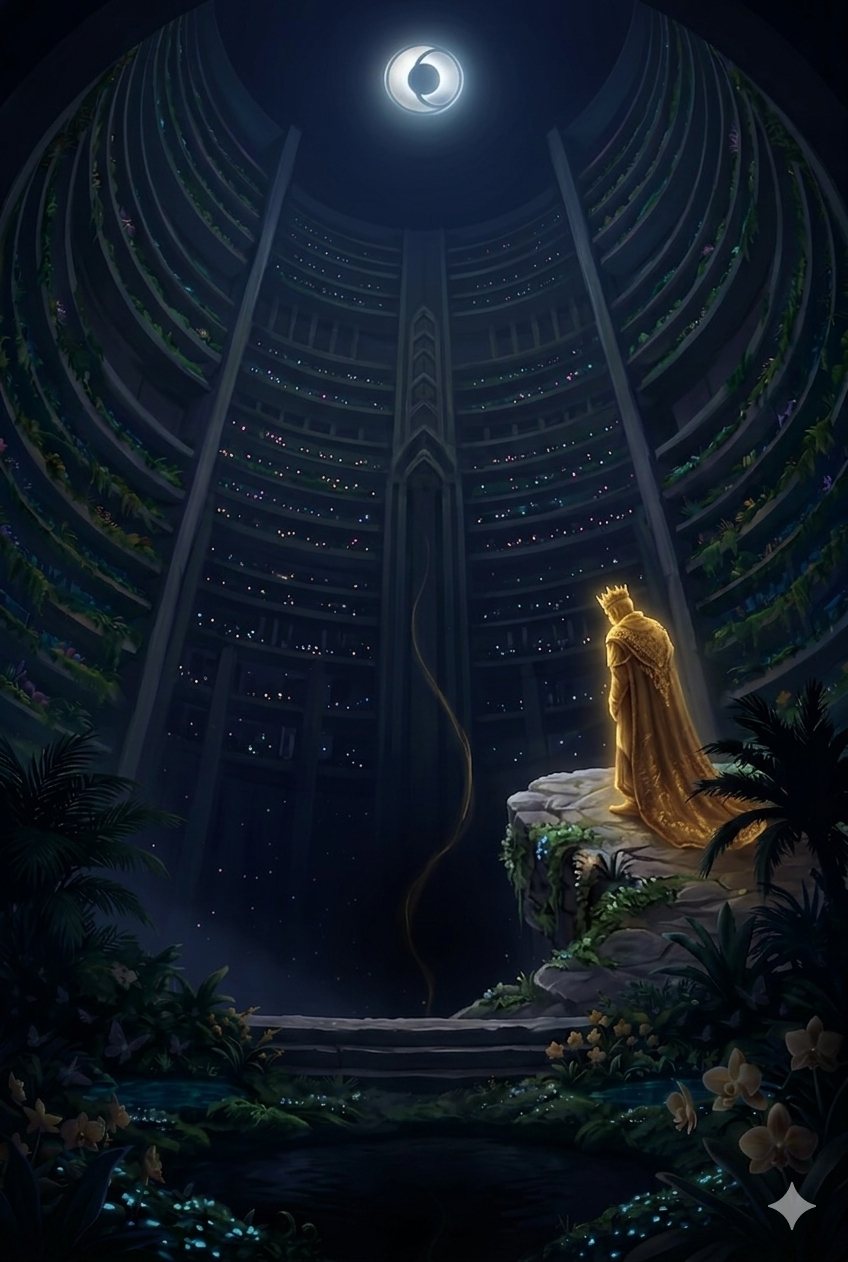 The old King Anaton Vizan, a golden figure alone on a ledge high in the Sky Cliffs beneath the crescent moon