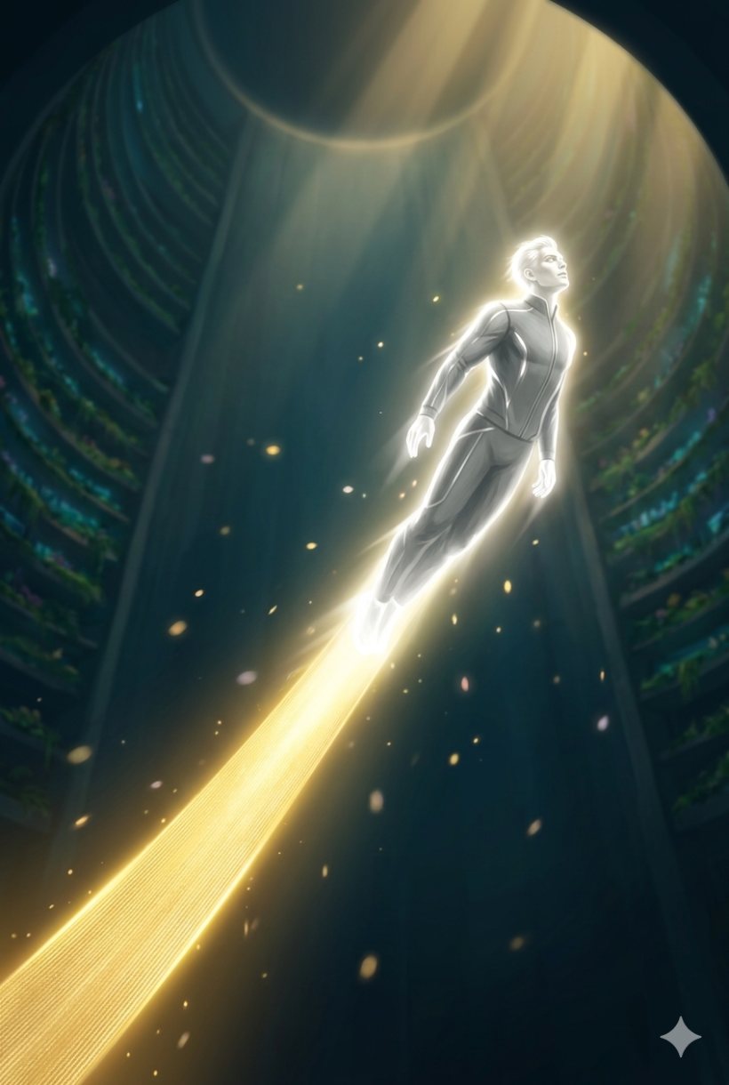 Light Flight — a luminous being trailing ribbons of its own light