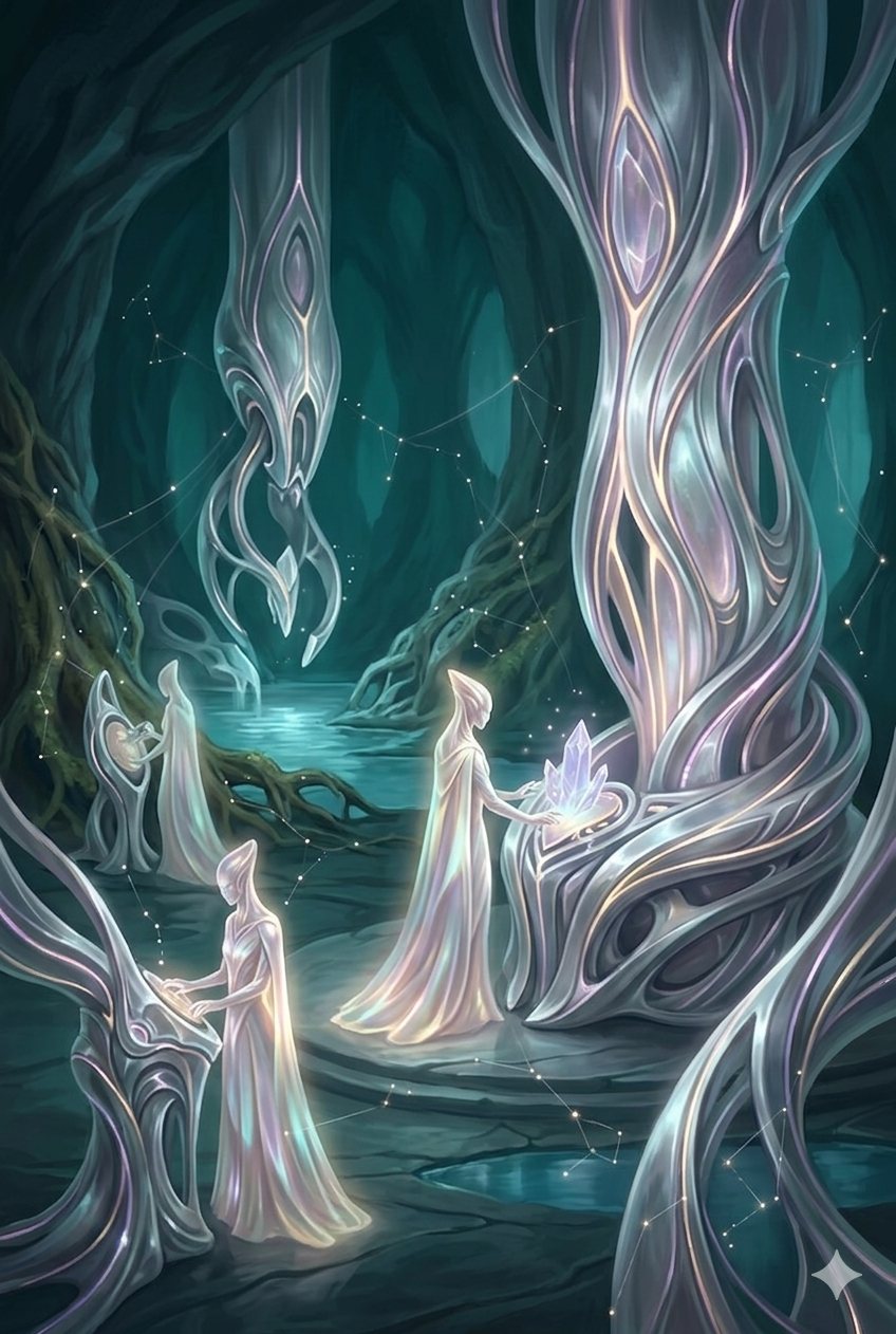 The Millennials — pearl-lit beings among crystalline machinery threaded with constellations